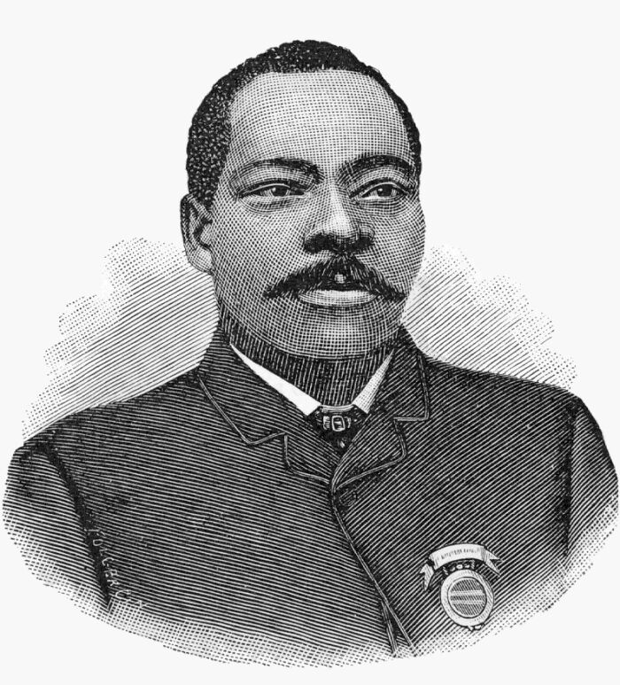 Black man in 19th-century attire, detailed engraving style, representing world-changing inventions by people of color.