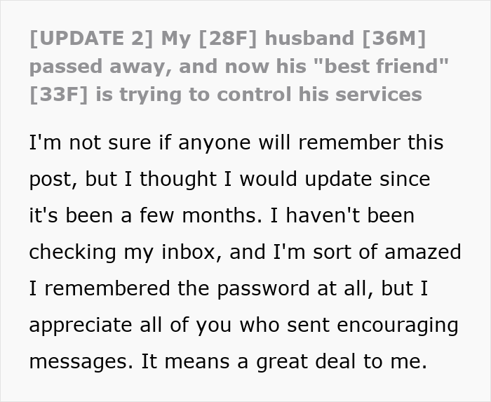 Text excerpt about late man&rsquo;s best friend causing drama with secret babies and memorial plans, widow updates followers