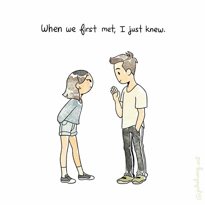 Illustration by Julie Hang showing a boy and girl meeting for the first time, capturing the ups and downs of life.