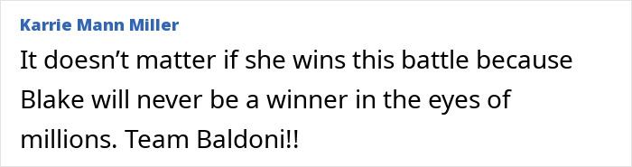 Comment from Karrie Mann Miller on Justin Baldoni's lawyer criticizing Blake Lively&rsquo;s false declaration after lawsuit dismissal.