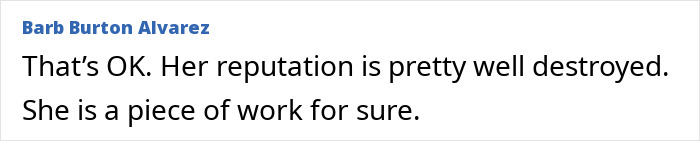 Comment by Barb Burton Alvarez criticizing Blake Lively's reputation amid Justin Baldoni's lawyer lawsuit dispute.