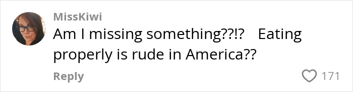 Screenshot of a social media comment questioning if eating properly with cutlery is considered rude in America, related to primitive eating.