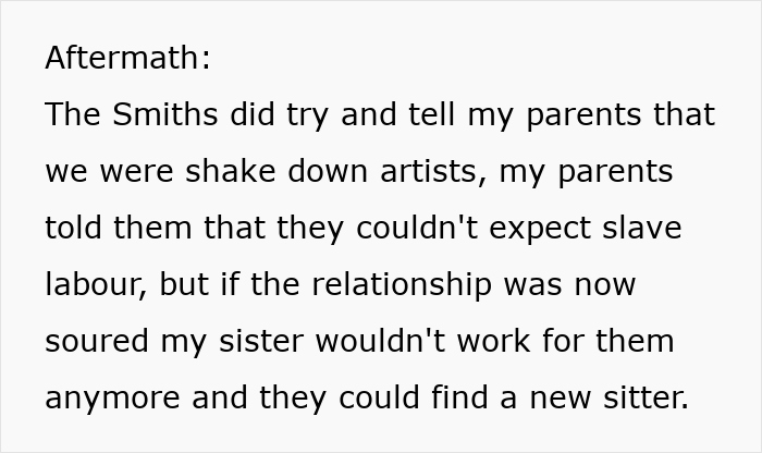 Text excerpt discussing a religious couple refusing to pay their babysitter and a Bible-based revenge plan by her family. Text excerpt discussing a religious couple refusing to pay their babysitter and a Bible-based revenge plan by her family.