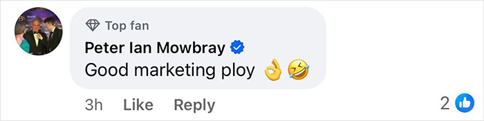 Facebook comment by verified user Peter Ian Mowbray reacting to marketing strategy with emojis and likes count visible.