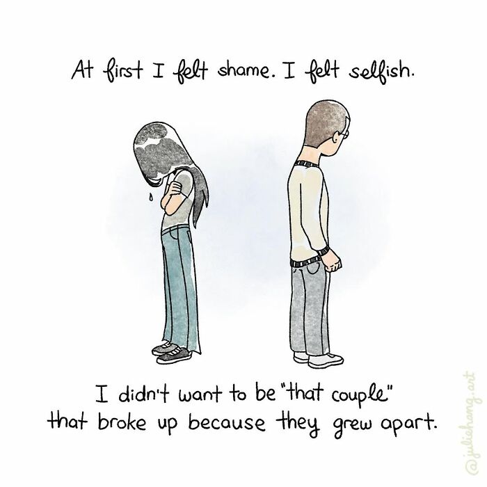 Illustration showing a couple facing away in sadness, capturing the ups and downs of life and moving stories by Julie Hang.