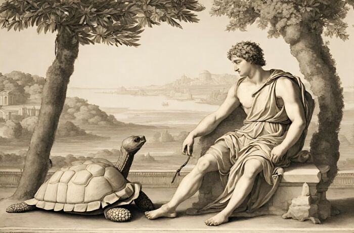 Ancient illustration of a man and a turtle representing famous paradoxes that challenge even smart people’s understanding.