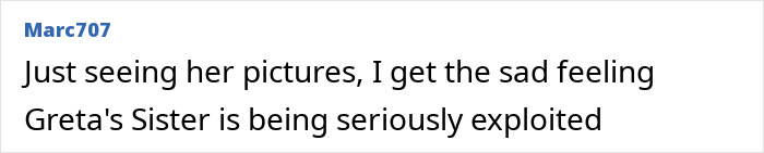 Text comment on a forum expressing concern about Greta Thunberg's singer sister being seriously exploited.