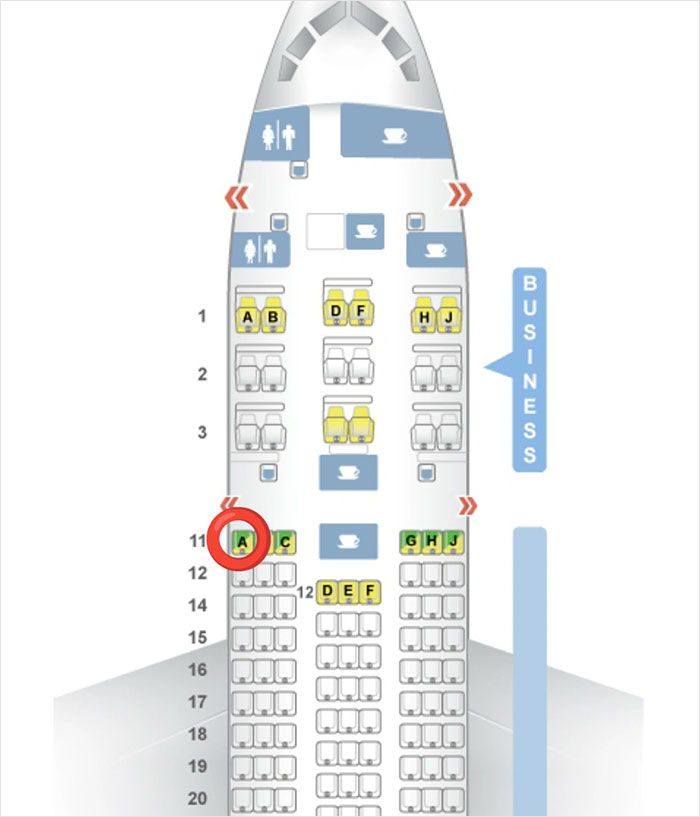 Air India crash survivor seat map with highlighted seat A11 and business class layout in an airplane diagram.