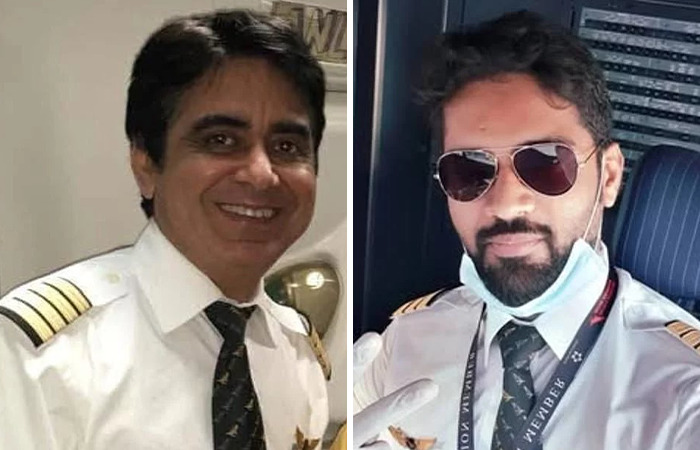 Two Air India pilots wearing uniforms, one smiling and the other in sunglasses, related to plane crash investigation.