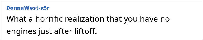 Text post by user DonnaWest-x5r stating a realization about having no engines just after liftoff, related to Air India plane crash.
