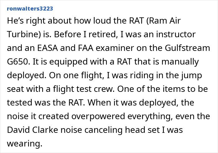 Comment discussing the noise of the Ram Air Turbine during flight tests on the Gulfstream G650 aircraft before retirement.