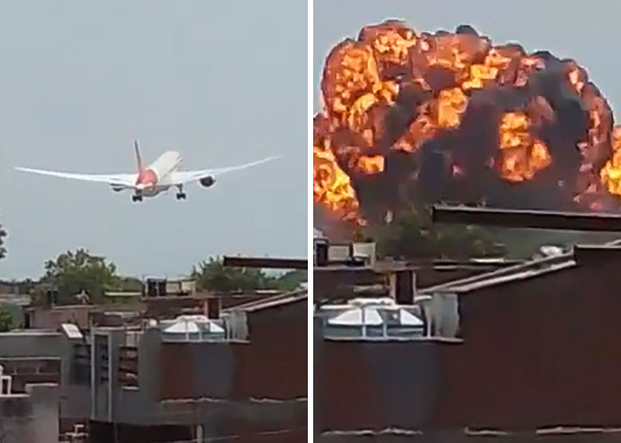 Air India plane approaching low before crash with large explosion in background over urban area.