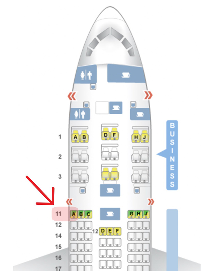 Air India crash seating chart highlighting sole survivor and brother&rsquo;s seats marked with a red arrow.