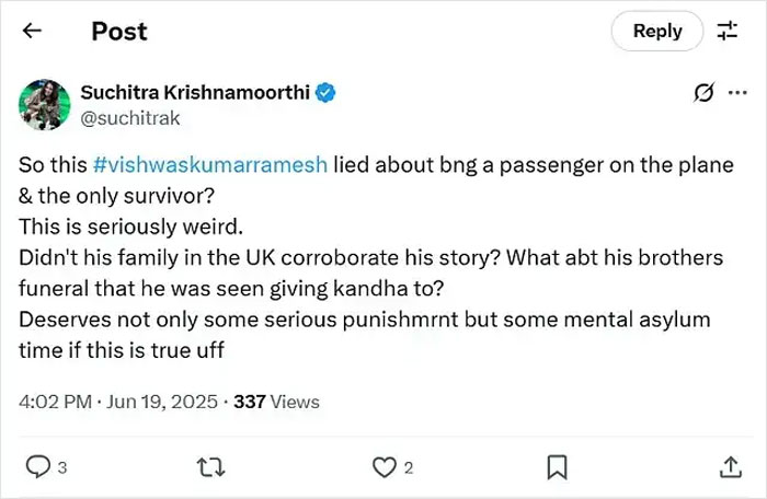 Tweet from actress accusing Air India crash miracle survivor of lying, sparking outrage on social media.