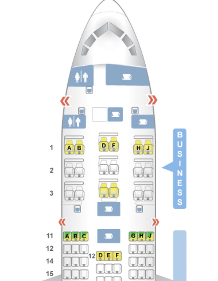 Airplane seating layout highlighting business class seats and facilities related to plane crash survivors.