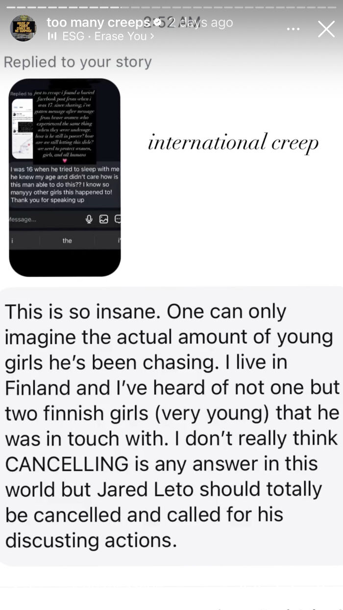 Screenshot of online messages discussing inappropriate underage claims involving Jared Leto and his alleged actions.