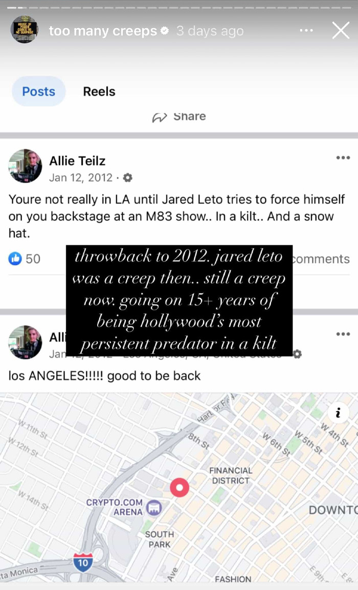 Social media post alleging Jared Leto as a persistent predator with inappropriate underage claims in Hollywood expos&eacute;.