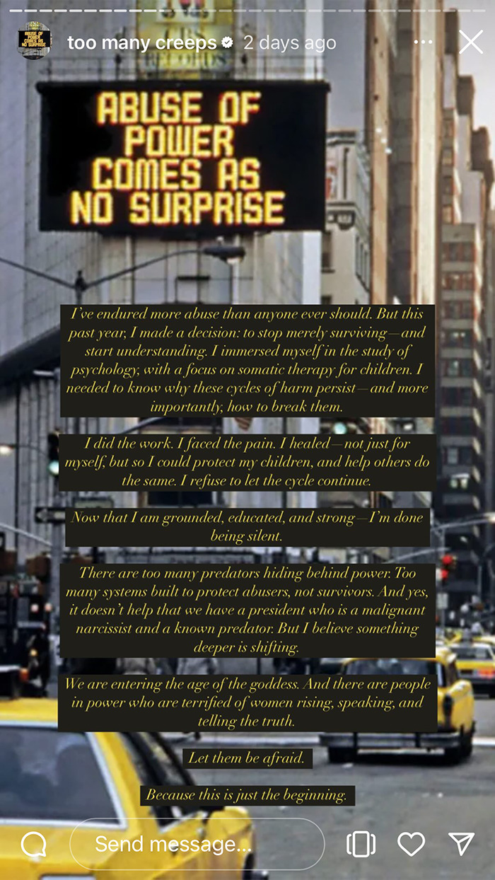 Electronic street sign in urban setting displaying abuse of power message amid claims involving Jared Leto and underage allegations.