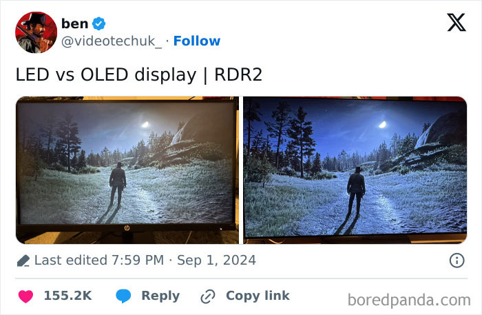 Comparison pics showing variety in LED vs OLED display quality with a scenic outdoor video game scene at night.