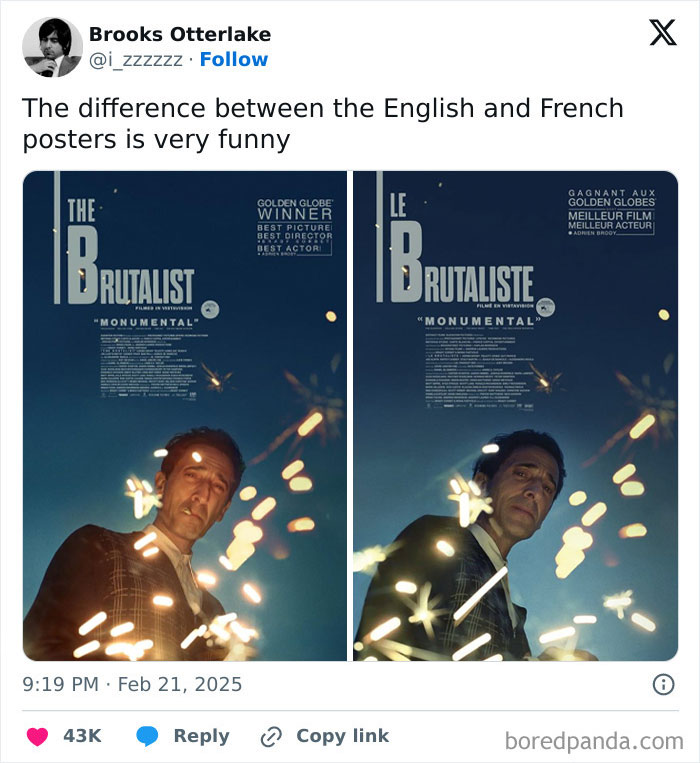 Comparison image showing English and French movie posters for The Brutalist, highlighting variety in design styles.