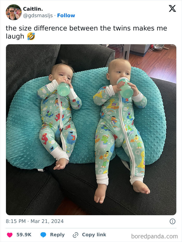 Two twins in matching pajamas showing a size difference while drinking from bottles, highlighting comparison pics variety.