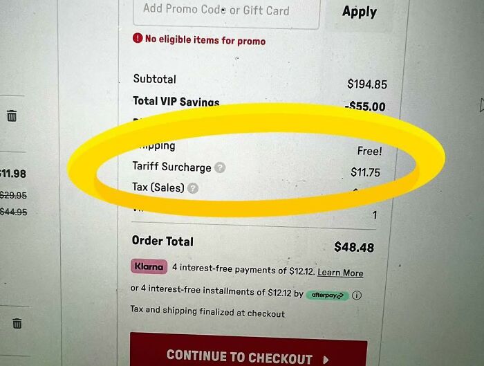 Online checkout screen showing a highlighted tariff surcharge costing $11.75 impacting American shoppers' wallets.