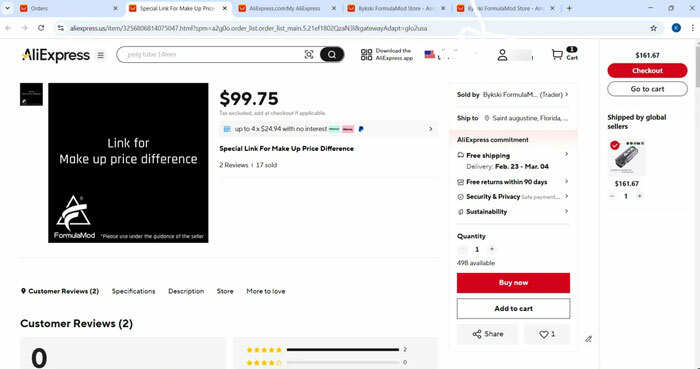 AliExpress product page showing a $99.75 makeup price difference reflecting shocking tariff costs impacting Americans’ wallets.