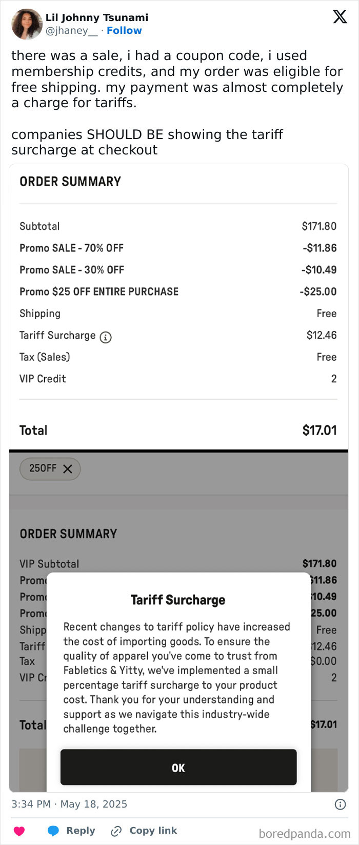 Order summary showing tariff surcharge increasing costs for American consumers hitting their wallets during checkout.
