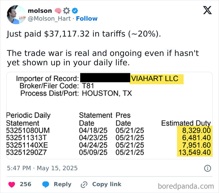 Tweet showing high tariff costs totaling over $37,000, highlighting shocking tariff costs hitting American wallets.