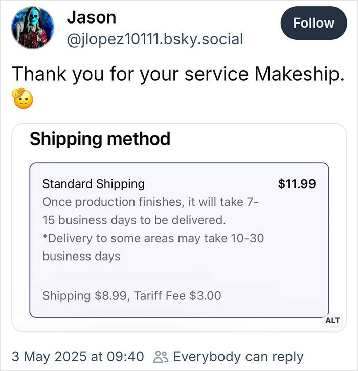 Tweet showing shipping cost breakdown with $3 tariff fee discussed by Americans sharing shocking tariff costs.