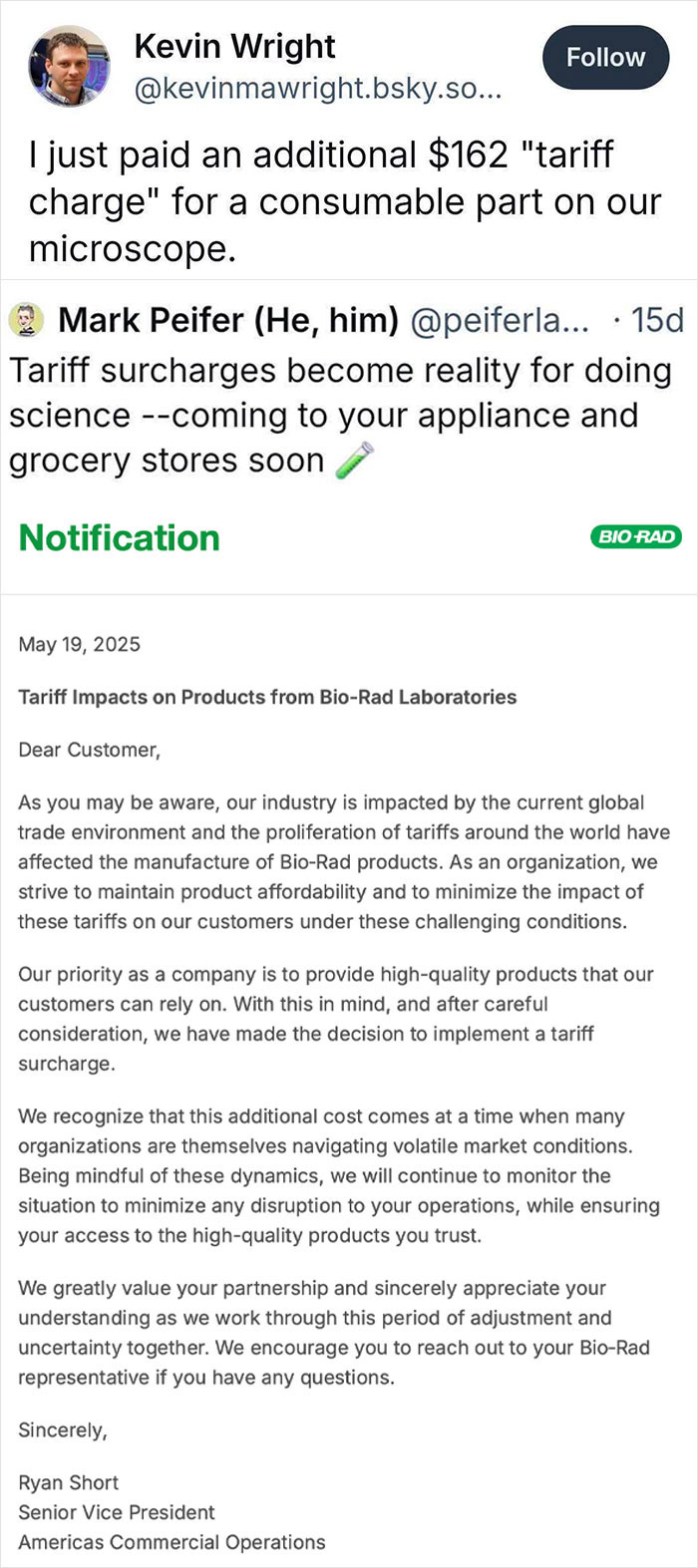 Tweets and notification showing Americans discussing tariff costs impacting science products and personal expenses.