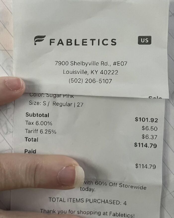 Receipt from Fabletics showing tariff costs added to purchase, illustrating impact of tariffs on Americans’ expenses.