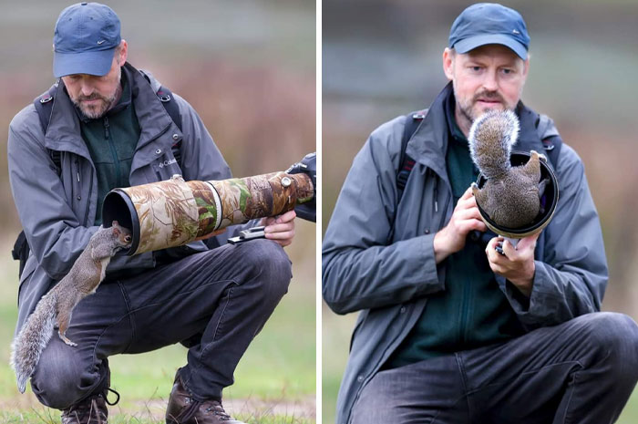 Wildlife photographer with a curious squirrel exploring and climbing into a large camera lens outdoors.