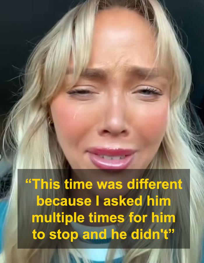Woman crying and describing assault, highlighting the keywords woman assaulted by co-star and abuse disclosure.