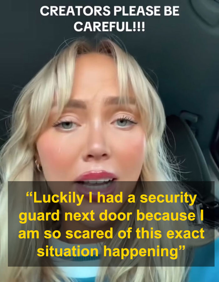 Woman with blonde hair in a car warning creators about safety, related to assault by co-star and shocking experience.