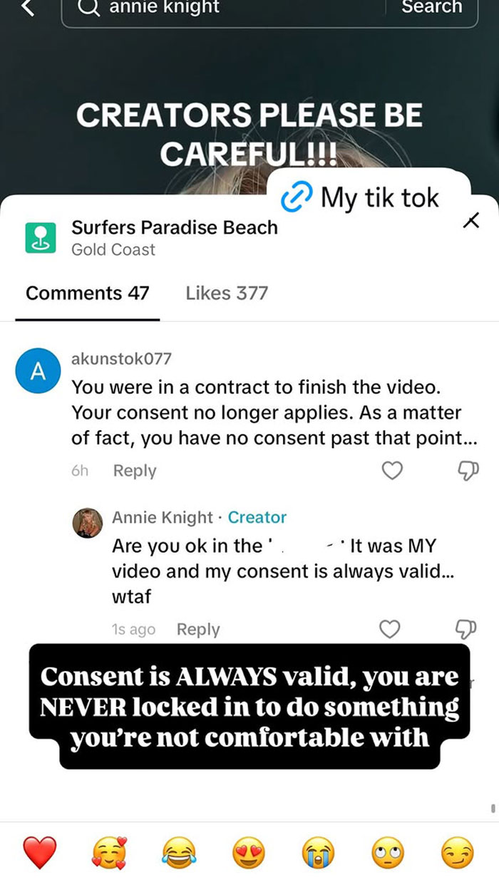 TikTok screenshot showing a discussion about consent with a warning for creators about assault and personal boundaries.
