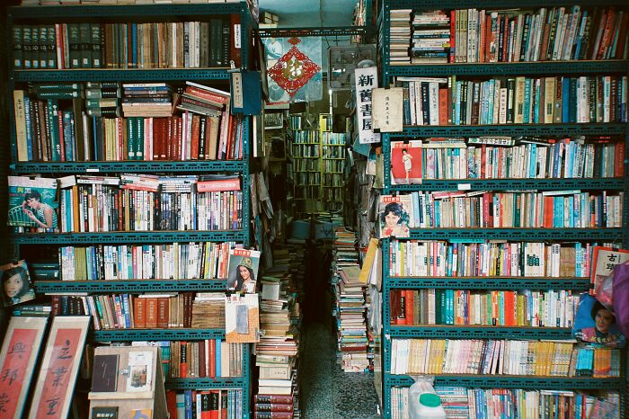 Cozy and grandiose library shelves filled with books and magazines, showcasing a magical bookstore atmosphere.