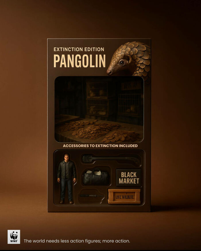 WWF powerful ad showing pangolin extinction edition action figure with black market accessories in dark brown packaging.
