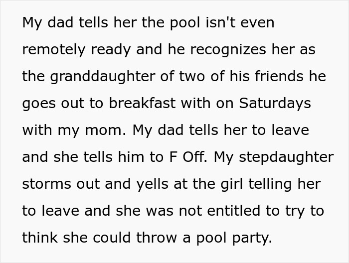 Conflict at a friend stepdaughter pool party with heated arguments over party plans and boundaries.