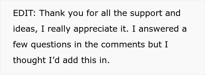 Text post showing a person thanking others for support and answering questions in comments on family vacation babysitting issue.