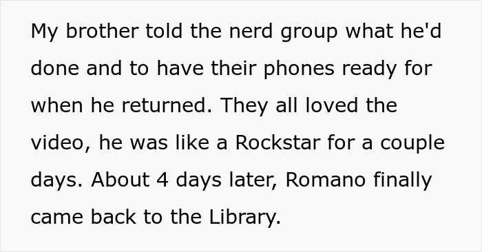 Text excerpt describing people filming a man who habitually speaks loudly in the library, upsetting local regulars.