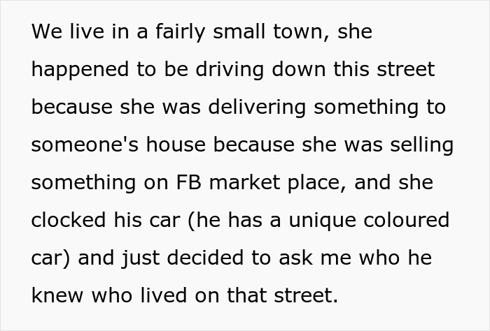 Text excerpt from a story about a woman who finds her cheating boyfriend&rsquo;s car while delivering an item in a small town.