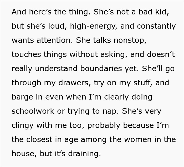 Text describing a loud, clingy 10-year-old girl who lacks boundaries and disrupts daily activities.