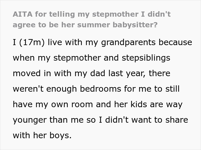 Teen refuses to be part of blended family, stepmom expects him to babysit younger children despite his objections
