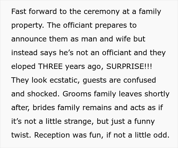Guests shocked and confused as couple reveals they eloped three years before the big wedding day celebration. Guests shocked and confused as couple reveals they eloped three years before the big wedding day celebration.