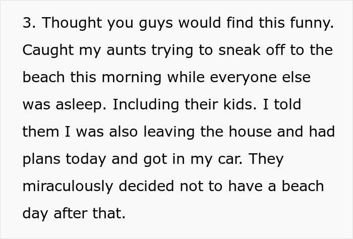 Screenshot of a family vacation text about a 17-year-old refusing to babysit multiple kids, causing adult frustration.