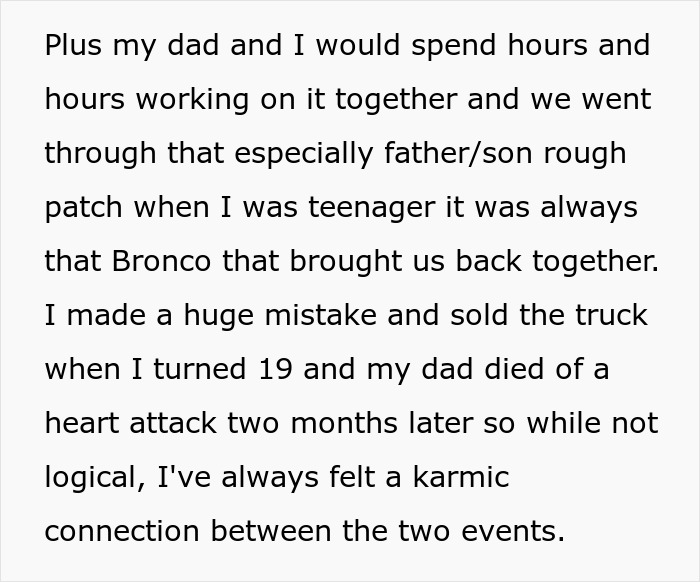 Text about a man recalling his father and teenage years connected to a Ford Bronco, highlighting high school memories.