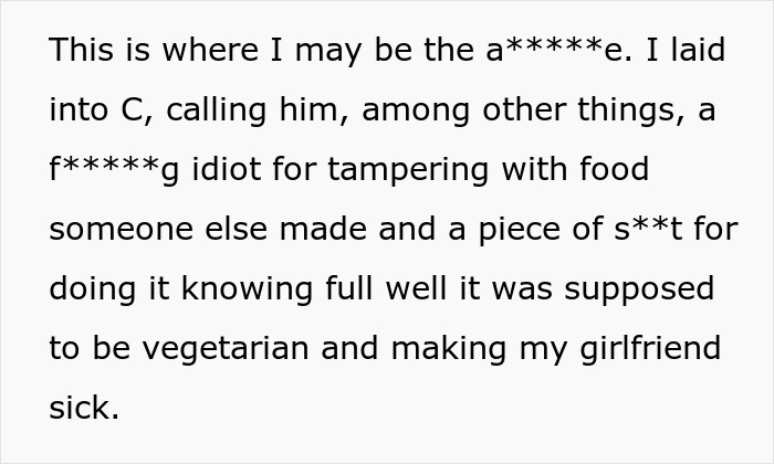 Text discussing anger over a friend tampering with vegetarian soup by adding bone broth, causing illness.