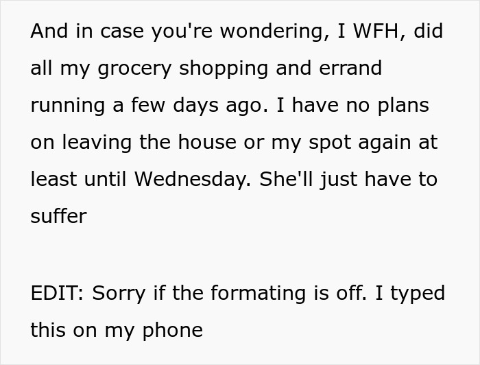 Text post describing a 21-year-old throwing a hissy fit after neighbor refuses to move car from public parking spot. Text post describing a 21-year-old throwing a hissy fit after neighbor refuses to move car from public parking spot.