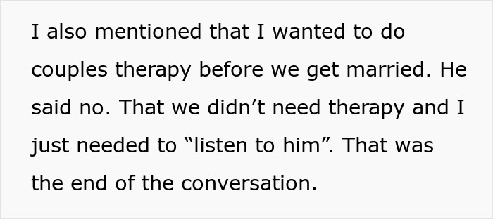 Text discussing a woman at a crossroads after her partner of 10 years refuses couples therapy and dismisses her concerns.